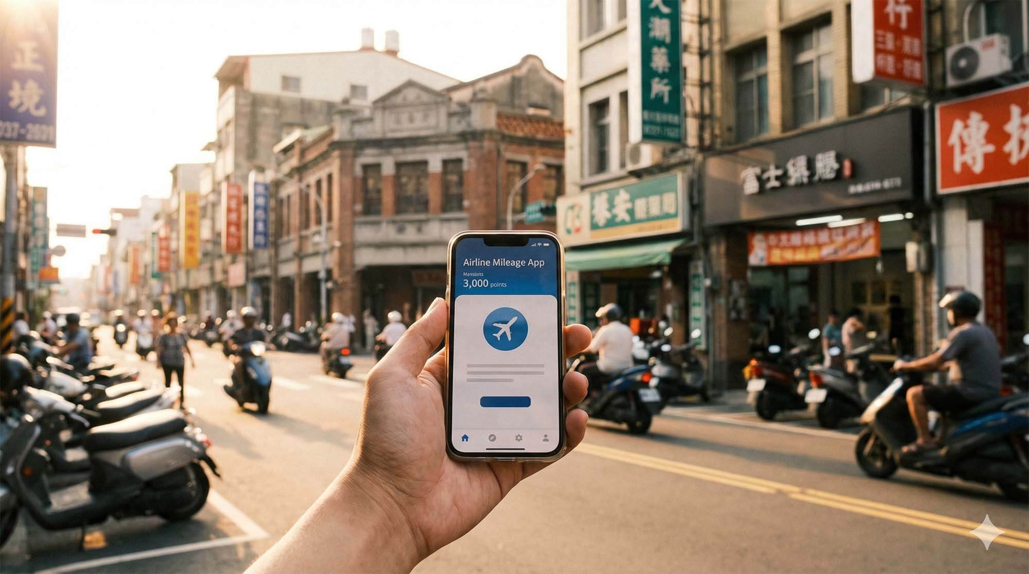 台南西門路街景與手機顯示航空哩程 App
