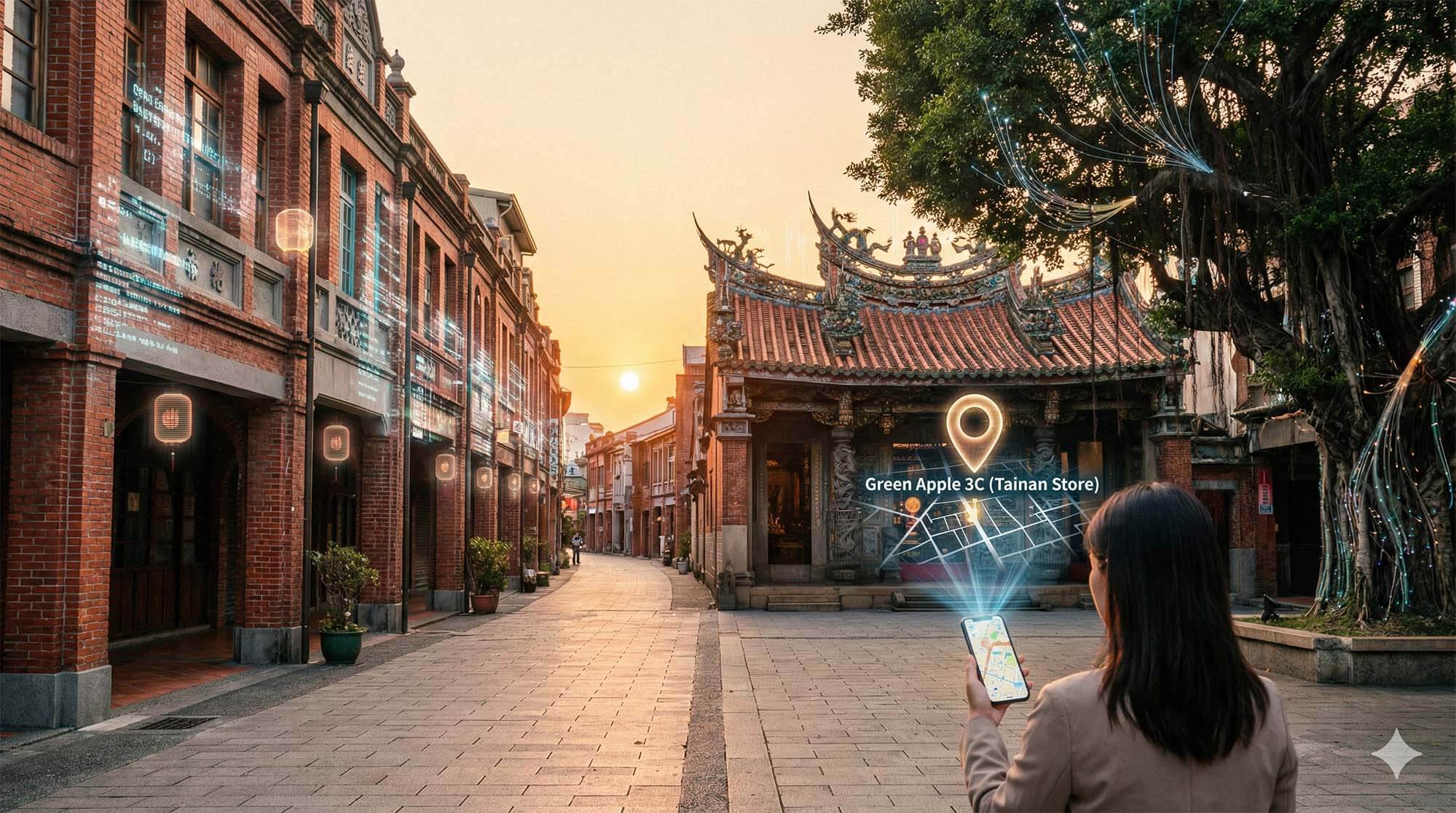台南古蹟風格的街道背景，融合現代科技元素，一個人正在手機地圖上尋找「青蘋果3C」收購店。